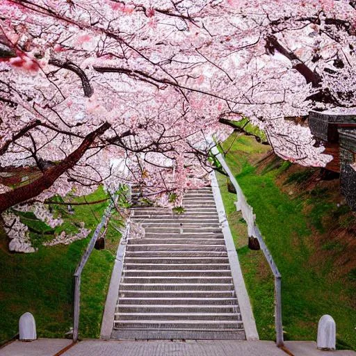 Prompt: A staircase of cherry blossoms 