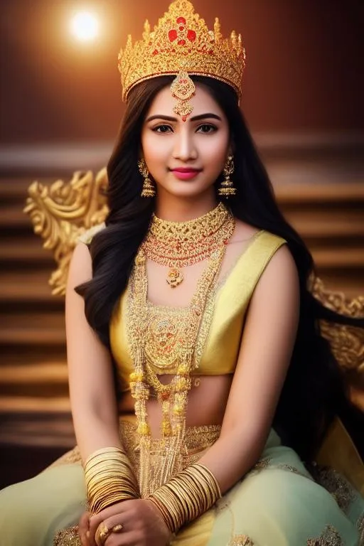 Prompt: full-potrait beautiful North East Indian beauty ,Russian face  Fantasy style, a hyper realistic detailed image of a celestial feminine woman, hands on the lap, thick muscular body, looking straight ahead, body facing camera, camera top third of image, perfect composition, super detailed, sharp focus HDR, UDR, 120k, square jaw,wearing crown on head beautiful amber eyes, wearing ornaments and smoke effects, Oil painting, in Highly detailed, Sharp focus, trending on artstation, Perfect anatomy, Studio photo, Rich color, Sensual, Fantasy, Photorealistic, Ultra detailed, Vibrant lighting, Realistic textures, Beautiful face, Cute Eyes, Fine details, Intricate details, Full body, Hyperrealistic, Shine, Full figure, Supermodel,8k, UHD, HD