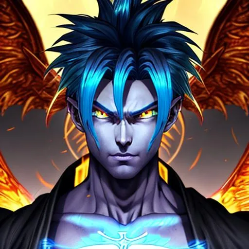Prompt: Lucifer, face Realistic Human, Vegito, Aasimar, big wing, 8k, full Hd, monk aesthetic, radiance, wings, Cyberpunk, uhd, 14k, dragon ball z, blue hair, yellow hair, fusion