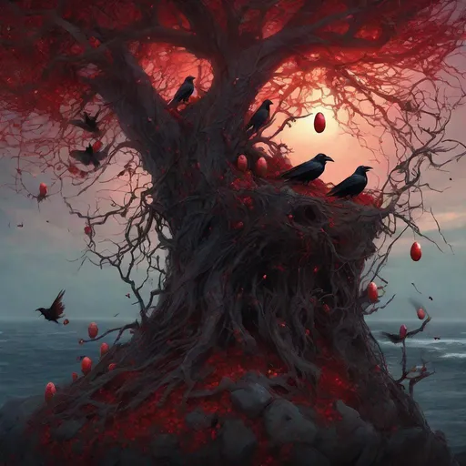 Prompt: A portrait of corrupted raven nest in an old weeping tree, glowing red eggs, on a cliff backing the sea,  corrupted fly insects surrounded by field of dead flowers, concept art, epic lighting, beautiful intricate detail, finely-tuned, octane rendering, horror, cosmic, gothic, style of vibrant digital horror art