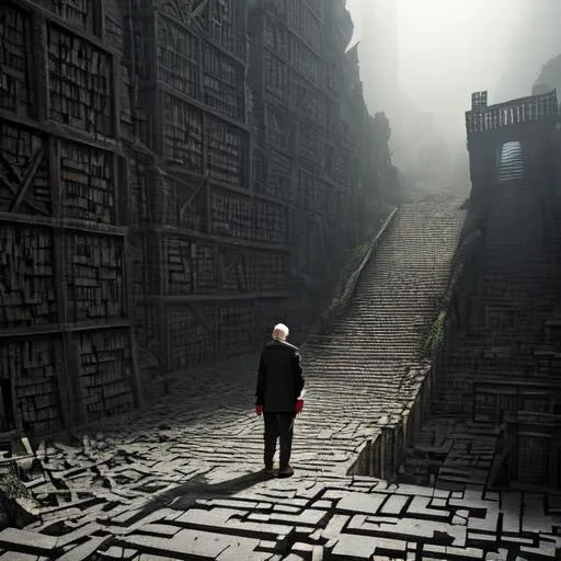 Prompt: arafed image of a old man with glasses,  standing in a ruined city made from books, penrose stairs, surreal matte painting, black road, descent into madness, a person standing in front of a, dark background, maze, hyper-realistic cg, dream of the endless, traverse