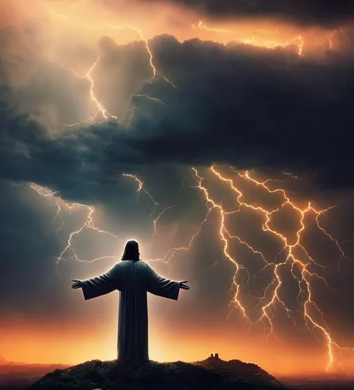 Prompt: Jesus Christ stands defiantly. A big city next to a valley. Over the valley hangs a dark, raging storm. Jesus Christ defiantly stands between the storm and the city with one hand stretched out.