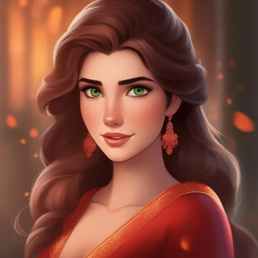 Prompt: elsa's fire-weilding cousin with a redish color scheme with dark brown hair and brownish greenish eyes