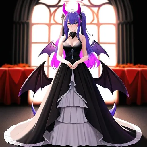 Prompt: Haley  as a demon horse hybrid (bright multi-color hair) (multi-color eyes) wearing a black wedding dress (demon tail) (black demon wings) standing at the altar in hell
