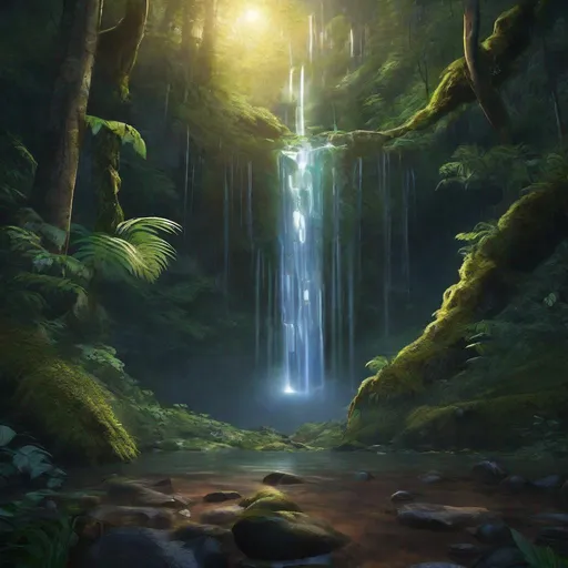 Prompt: Envision a glowing waterfall in a lush forest 