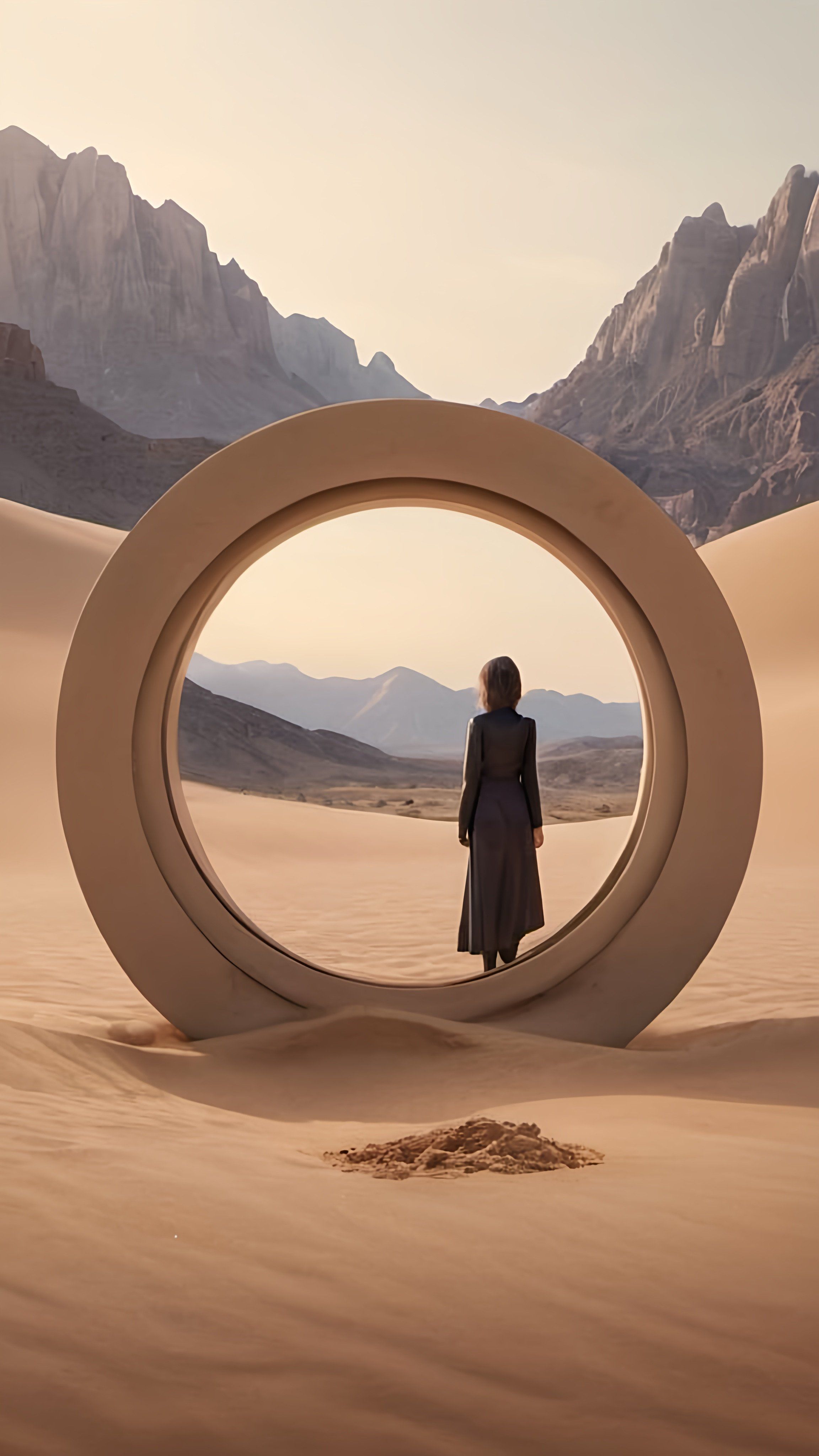 Prompt: a woman standing in a circle in the desert with mountains in the background and a desert landscape in the foreground