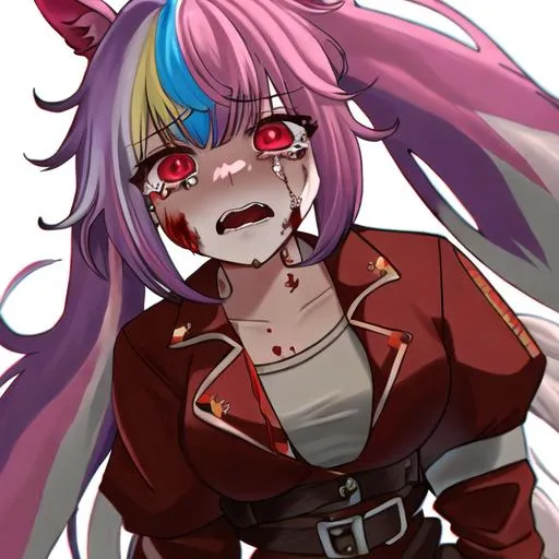 Prompt: Haley as a horse girl with bright multi-color hair covered in blood crying







