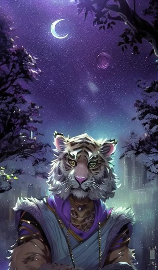 Prompt: cute | young | male |  anthropomorphic | fluffy |
 tiger |  feline | khajiit | furry | bright purple eyes | pretty face | starry sky | bank of river | realistic