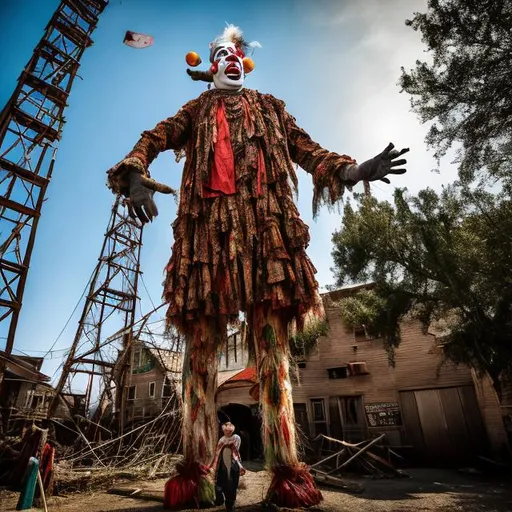 Prompt: Standing just over 11 feet tall, the clown-on-stilts was always a favorite amongst the snot-nosed kiddos visiting Grimaldi's three-ring-circus. Now, ravaged by time and the curse of the Over City, the once-affable stilt-clowns have been transformed into tall, blood-thirsty monstrosities who want nothing more than to make balloon animals out of your intestines. no eyes no nose wide mouth sharp blood cover teeth