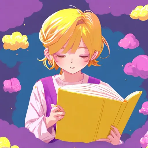 Prompt: an anime illustration of a beautiful and adorable girl with pink and purple hair reading a yellow and pink book 