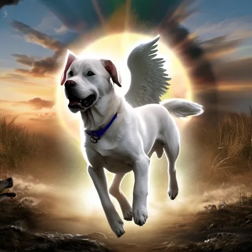 Prompt: Angel big dogs with halo running 
