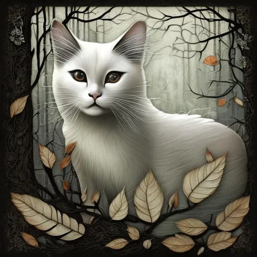 Prompt: Forest white cat, black lace leaves on white background, surreal, detailed by Christian Schloe