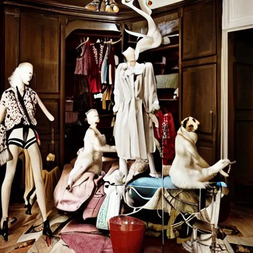 Prompt: Vogue fashion editorial beauty story model schaparielli Dora Marr Maggie Maurer mountain of clothes floor to ceiling. Hoarders house. Collectibles. Beauty. Dada. mannequins. White pug. MOMA. Peggy Guggenheim. Venice. New York. London. Paris. Milan. Dali. Absolutely fabulous. Christian Dior. 