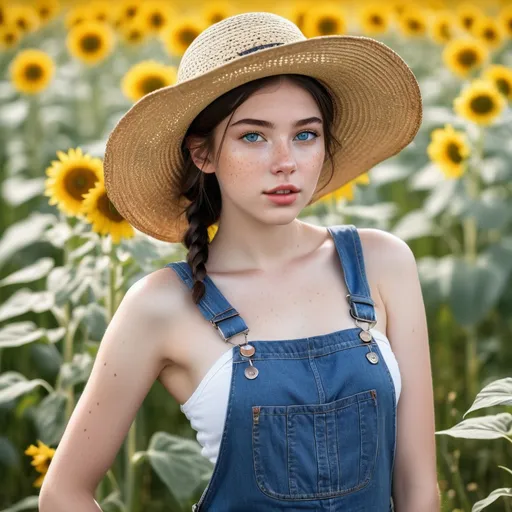 Prompt: highrez photo, natural outdoor scene, torso view 1girl 19-years-old, highly detailed facial features and skin with light freckles, black hair, blue eyes, braid, background meadow field of flowers, dynamic active pose smelling flowers, hat, denim overalls, wide lips, straw hat, sunflower