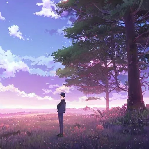 Prompt: a man, 22 years old, handsome, smiling, under a romantic sky, art by Makoto Shinkai, in the forest, full body, peaceful, short hair highlighted with pink, tall