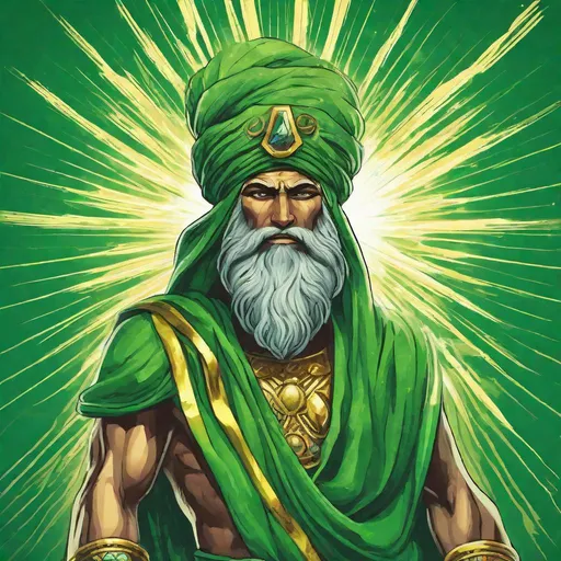 Prompt: powerful looking ancient Babylonian God of the sky, wearing a green Turban. Sky deity wearing green turban. Zeus with lightning bolt. bright radiant cloak. Arabian Warrior. God the Father.