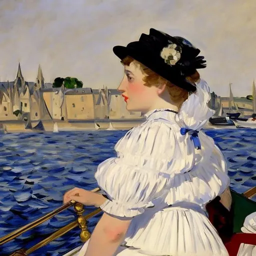 Prompt: Classy girl in Manet painting on boat near Caen 