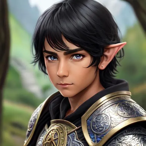 Prompt: oil painting, fantasy, hobbit boy, tanned-skinned-male, beautiful, bright black hair, straight hair, stoic, pointed ears, looking at the viewer, warrior wearing intricate armor and shield, #3238, UHD, hd , 8k eyes, detailed face, big anime dreamy eyes, 8k eyes, intricate details, insanely detailed, masterpiece, cinematic lighting, 8k, complementary colors, golden ratio, octane render, volumetric lighting, unreal 5, artwork, concept art, cover, top model, light on hair colorful glamourous hyperdetailed medieval city background, intricate hyperdetailed breathtaking colorful glamorous scenic view landscape, ultra-fine details, hyper-focused, deep colors, dramatic lighting, ambient lighting god rays, flowers, garden | by sakimi chan, artgerm, wlop, pixiv, tumblr, instagram, deviantart