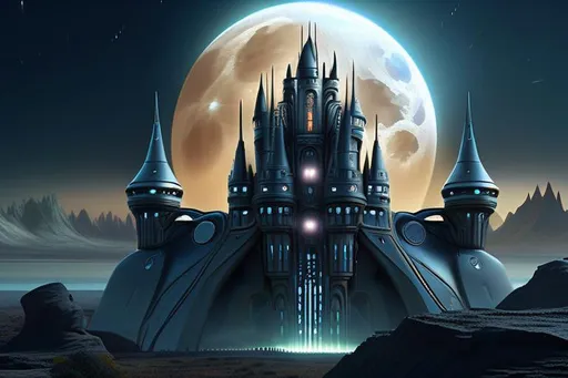 Prompt: highly detailed concept art of an alien castle in a vast surreal and gloomy landscape, full moon, correct, ultra fine details, perfect lightning, dark, sci-fi, UHD, 12k