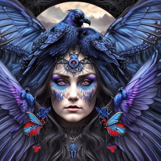 ultra realistic raven face goddess of death surrou...