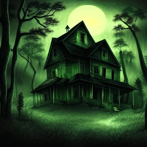 Prompt: landscape of deep forest at night with scary abandoned house with demons detailed realistic art work