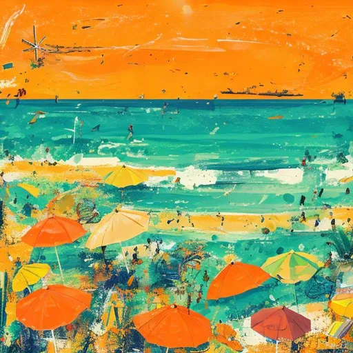 Prompt: beach, summer vibe, orange, yellow, tourism, neo-expressionism, landscape, 