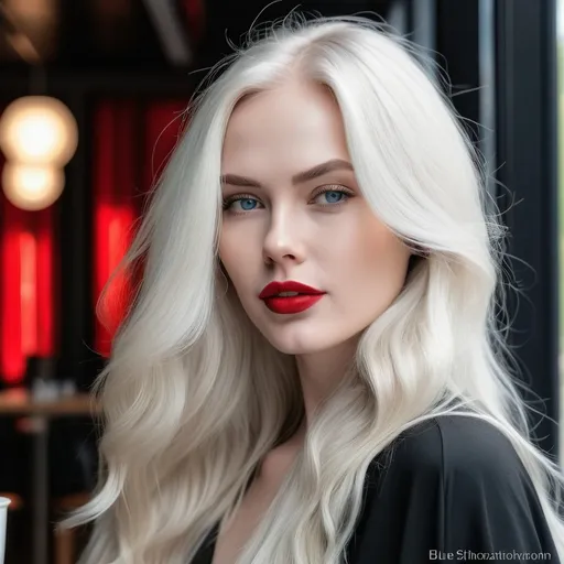 Prompt: Young whte beatiful woman with long white flowing faded soft hair, red lipstick and black robes on, blue eyes, in a public cafe, remote, a window showing hills outside, few trees, one large tree with shadow