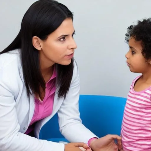 Prompt: A Child psychologist and a pediatrician meet a mother and her child in the pediatrician’s office. 