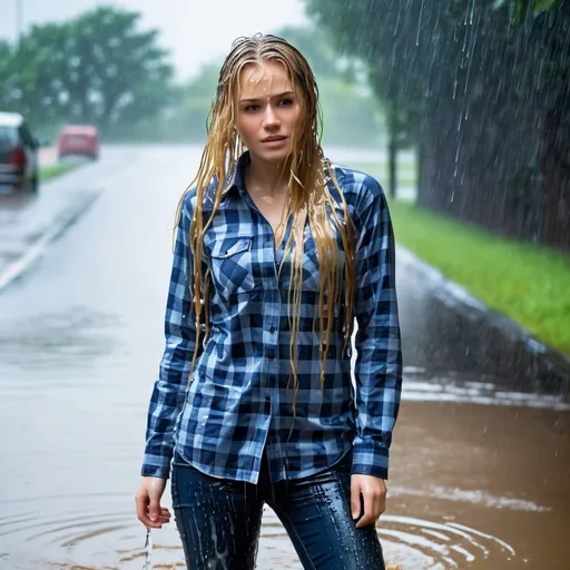 Prompt: photo of young woman, soaking wet clothes, small boots, tight dark blue jeans glistening wet, checkered shirt, long sleeves, clinging, dripping wet,  , standing in the pooring rain, soaking wet dripping long blond hair,   enjoying, water dripping from clothes, clothes stuck to body,  detailed textures of the wet fabric, wet face, wet plastered hair,  wet, drenched, professional, high-quality details, full body view.