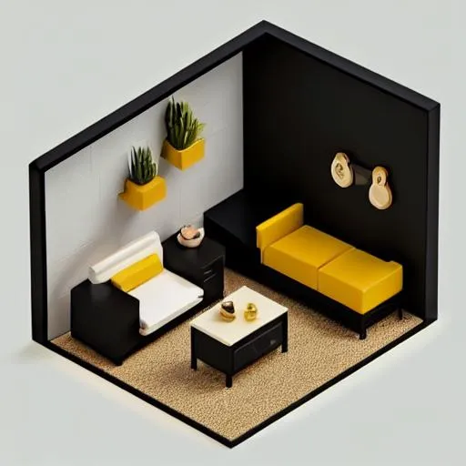 Prompt: Tiny cute isometric living room in a cutaway box, gold and black color scheme, soft smooth lighting, soft colors, 100mm lens, 3d blender render

