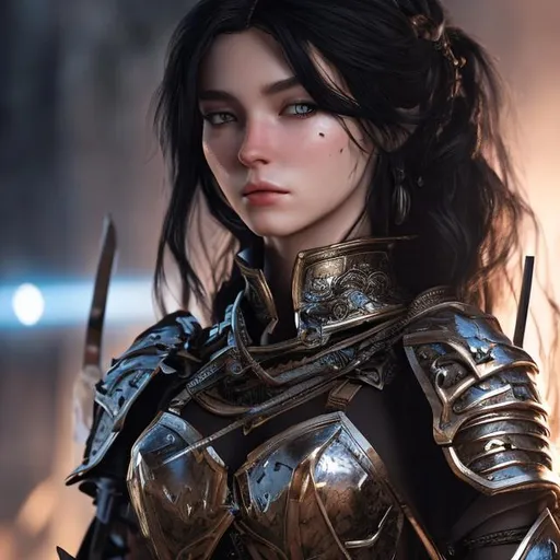 Prompt: Hghly detailed european goddes with longest Black hair unreal engine 5 Wearing a dark armor and carrying an doomed samurai sword and fighting a war