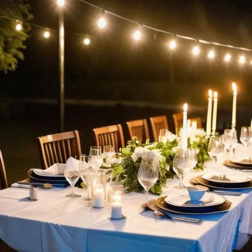 Prompt: A portrait of a table set for a candlelit dinner at night