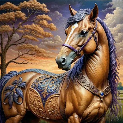 Prompt: (Honoring Nuit), highly detailed (oil painting), thoroughbred horse (majestic posture) on a Kentucky farm, stunning evening dusk lighting, soft illuminated clouds, warm hues of orange and purple blending over fields, rich textures of horse's coat, serene rural landscape (tranquil atmosphere), lush greenery in the background, ultra-detailed, artistic masterpiece showcasing equine beauty at sunset.