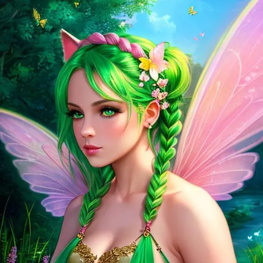 Prompt: 4K, 16K, picture quality, high quality, highly detailed, hyper-realism, skinny woman, pink and green hair, braided pig tails, cat ears, rainbow eyes, angel wings, nature background, deviant art, butterflies, flowers, gold lingerie, fairy wings