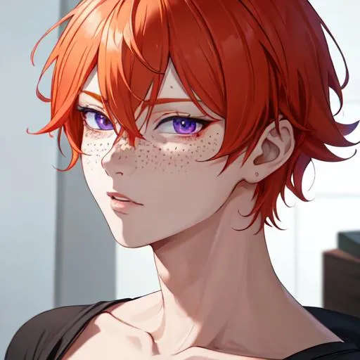 Prompt: Erikku male adult (short ginger hair, freckles, right eye blue left eye purple)  UHD, 8K, insane detail anime style, looking to the side