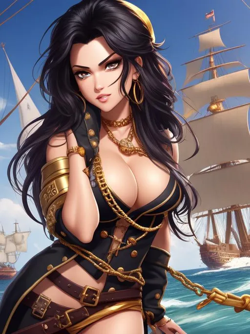 Prompt: ombre gold-black hair, pirate captain, girl, fantasy, daunting, intimidating, serious, cruel, mole under eye, docked galleon ship in background, bodacious, mole on body, fullbody, ((full body)) {{good looking}} {{cute}} {{good body}} {{tight}}, symmetrically colored hair, {{shadows}},
