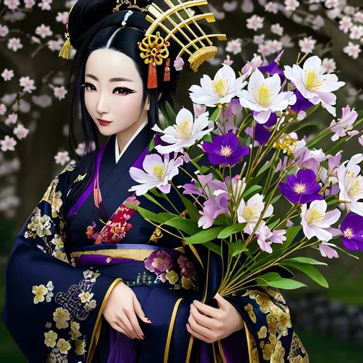 Prompt: High quality portrait of a Japanese Oiran. she is walking in a cherry blossom garden, She has lightly colored pale skin and is very beautiful. Her hair is black and is decorated with purple, silver, and gold hairpins. Her elaborate kimonos are white and purple with checkered patterns. She wears a blue spider lily on her left ear and wears a beautiful purple obi patterned with traditional Japanese mist colored white.