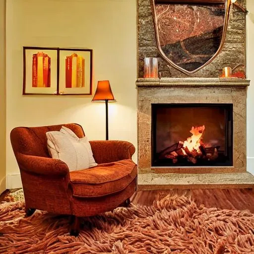 roaring fire in a fireplace, comfy chair, warm color... OpenArt