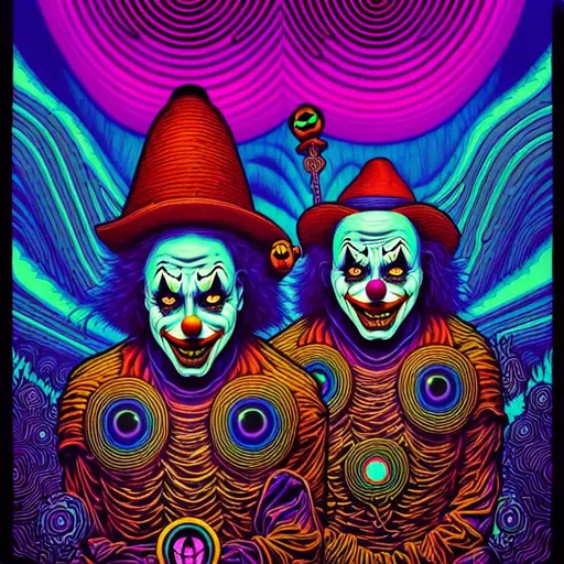 Prompt: Hypnotic illustration of {scary clowns}, hypnotic psychedelic art by Dan Mumford, pop surrealism, dark glow neon paint, mystical, Behance, intricate, detailed, professional, intense, cinematic, scenic, picturesque, fine detail, 3d