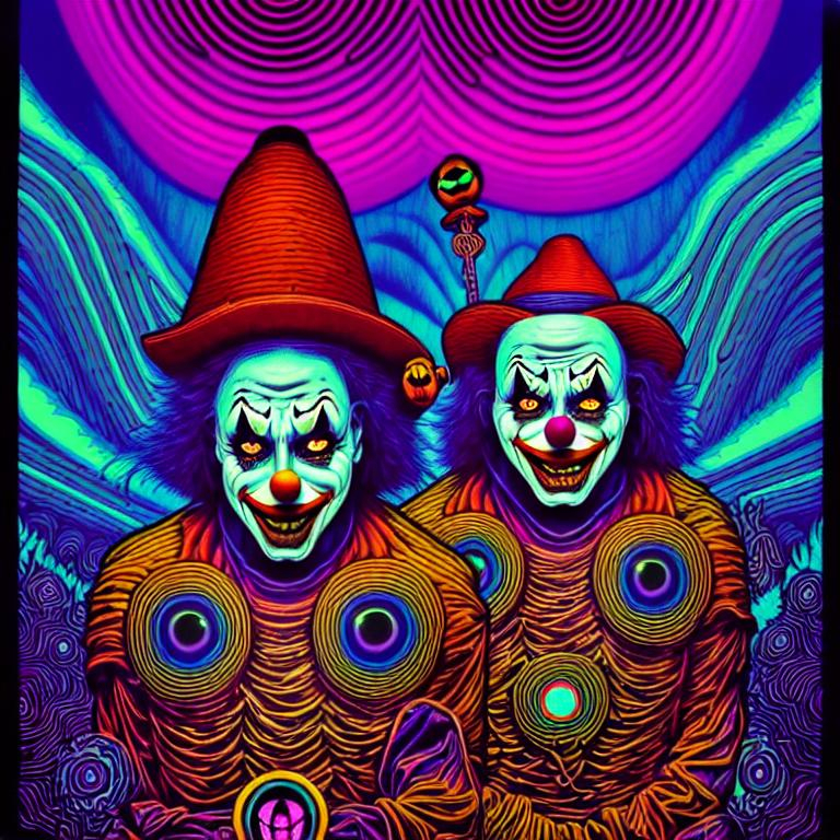 Hypnotic illustration of {scary clowns}, hypnotic ps... | OpenArt