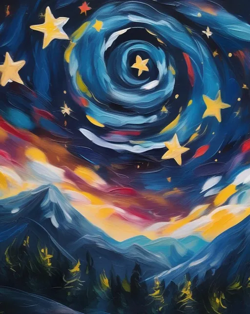 Prompt: An expressive night scene inspired by "Starry Night," featuring swirling clouds and vibrant stars painted with bold brushstrokes. Use a telephoto lens for a captivating close-up of the night sky.