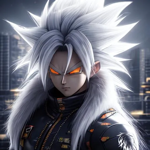 Prompt: Ultra Realistic Dragon Ball GT super Sayin 4 character with glowing white long hair and fur 3D Anime style, dark but cool and edgy fighting an enemy in the air shooting a kia blast in a futuristic city with high detail rendered in Unreal Engine 5 highly detailed Sumi-e ink art style by Shesshu Shubun