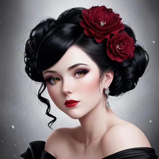 Prompt: Beautiful woman portrait wearing a black evening gown,  black hair, dark eyes, ruby jewelry,elaborate updo hairstyle adorned with flowers, facial closeup