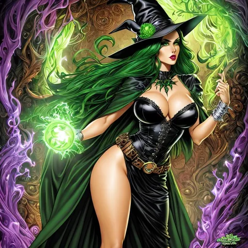 Prompt: green faced witch, full body drawing by J. Scott Campbell,  the highest quality masterpiece, centerfold,  line art, photorealistic, ultra detailed, perfect lips and eyes