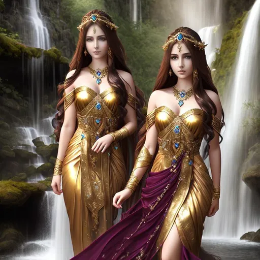 Prompt: Cinematic, Dark, Glamor, Shimmer, 3D HD Heroic Faded-Leaves and silk (Beautiful detailed face{Goddess}female with brown hair dressed as Princess), Morning, hyper realistic, 64K expansive Magical waterfall background --s98500
