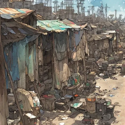 Prompt: shanty town by demizu posuka loish
