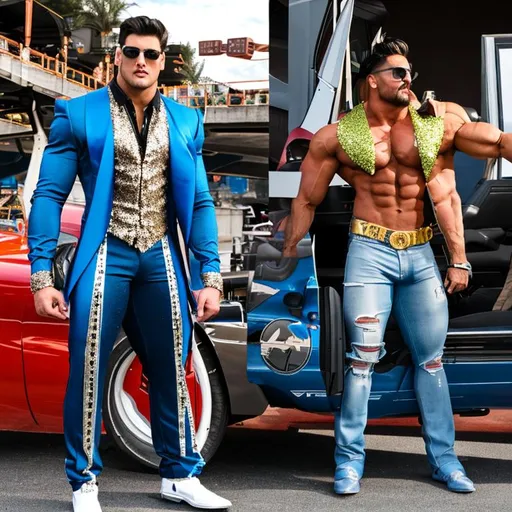 Prompt: 30 foot tall bodybuilder vs 7-foot-tall runway model, cars, planes, giants, Mambo, sequin, ripped clothes, super muscular 