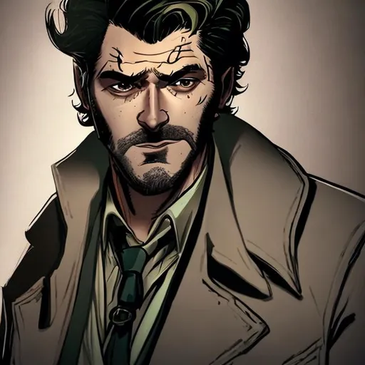 Prompt: A detective from a noir film who looks like Bigby Wolf and John Constantine with a beard