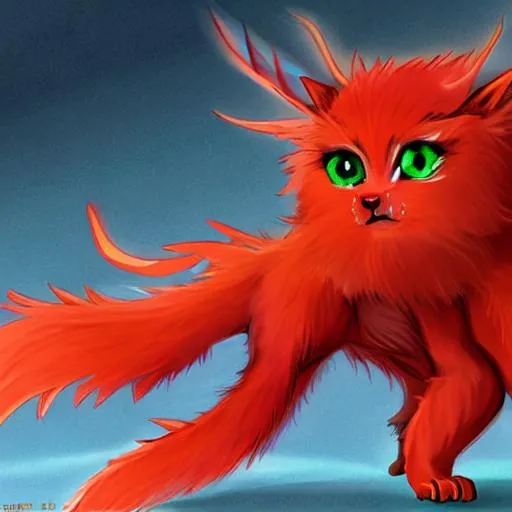 Prompt: Orange, red maned anime cute dragon with green eyes and red pupil with wings, horns in the shape of a V, feathery whiskers and a furry tail. Realistic kitty