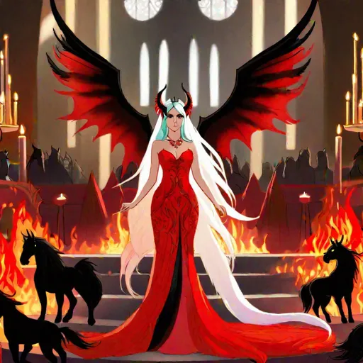 Prompt: Haley  as a demon horse hybrid (bright multi-color hair) (multi-color eyes) wearing a red wedding dress (demon tail) (black demon wings) standing at the altar in hell